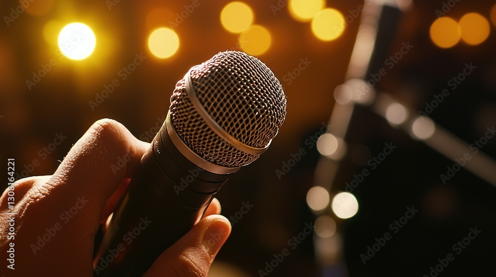 Poster A podcast host adjusting a microphone during a live recording session