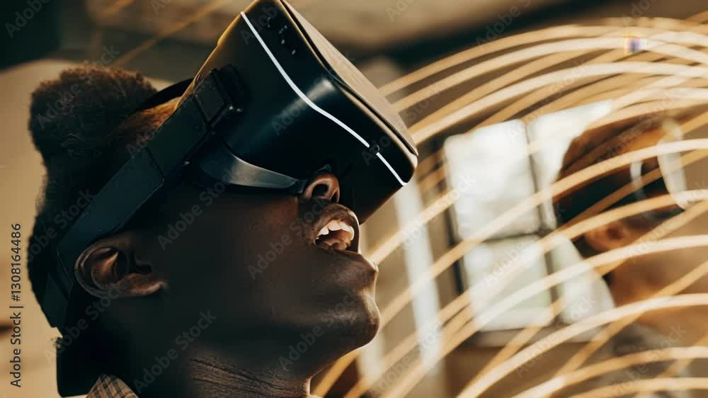 Poster a closeup of a participant wearing a vr headset fully immersed in a holographic presentation with co