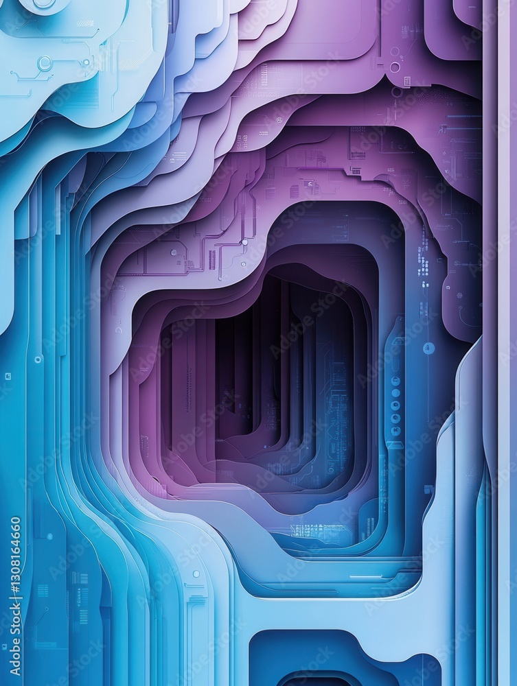 Fototapete Futuristic paper art background with abstract layered design representing digital circuits and data flows in cool tones Generative AI