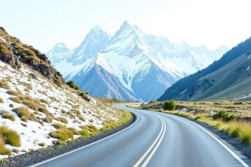 Naklejka premium Asphalt ribbon winding through a pristine alpine landscape, snow dusted hillsides flanking a scenic mountain pass road