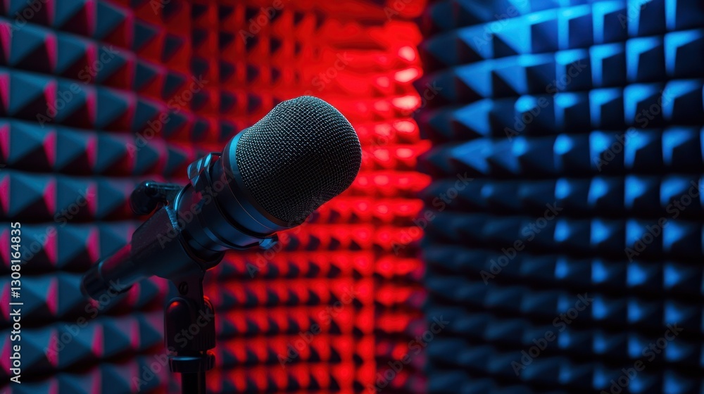 Poster a podcast mic with an adjustable stand in a professional recording studio.