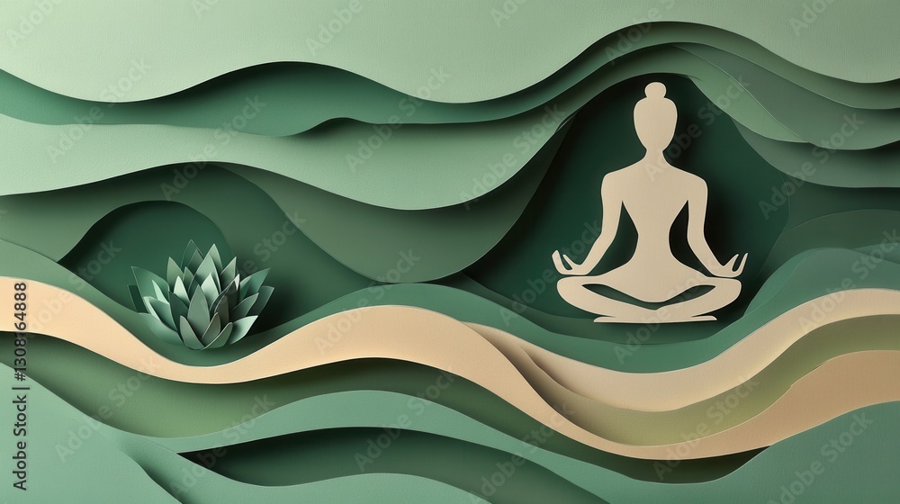 Aufkleber serene paper art background with meditating figure and lotus flower in calming green and beige tones