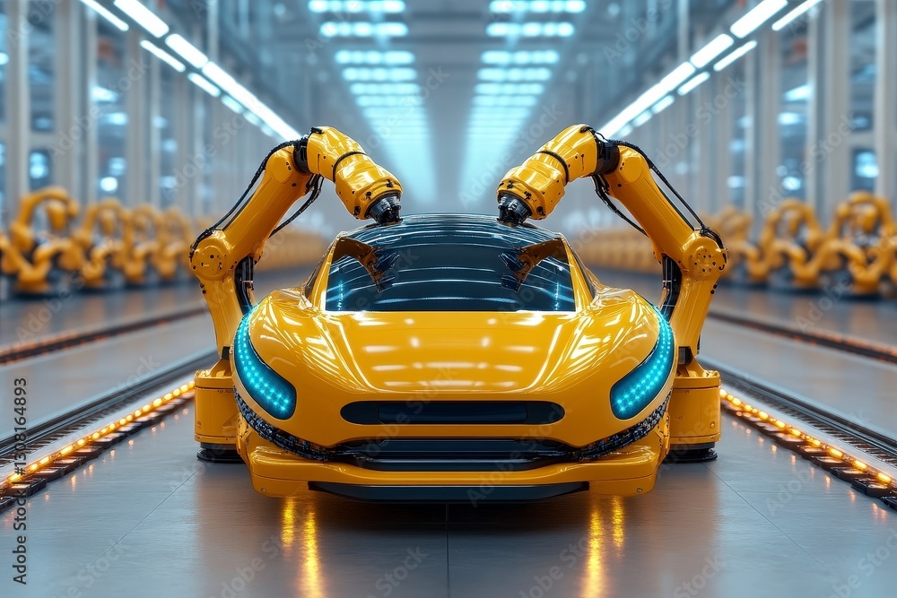 Poster advanced robotics in automotive production line with yellow car in modern factory environment
