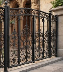 Iron balcony railing with ornate details and a wrought iron gate , colonial house balconies, historic architecture, outdoor decor