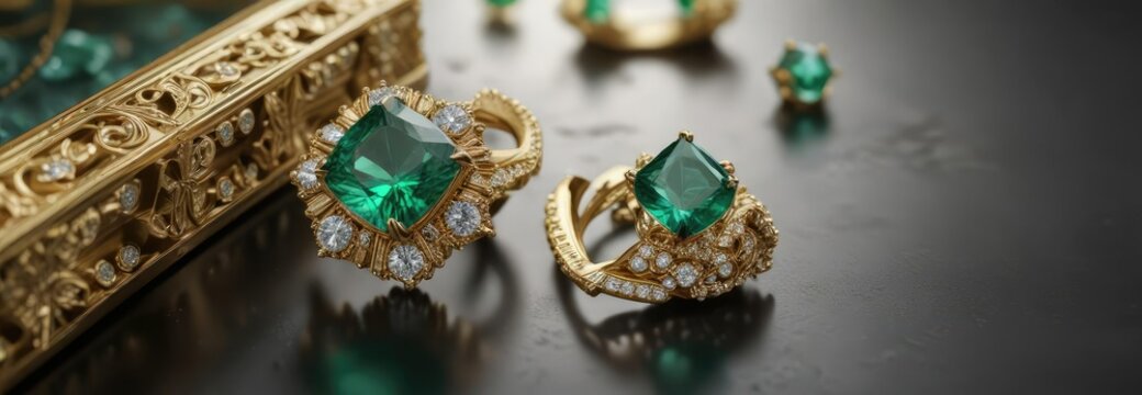 Joyero con esmeraldas y diamantes en oro brillante y formas geom&eacute;tricas, pulsera, diamantes
