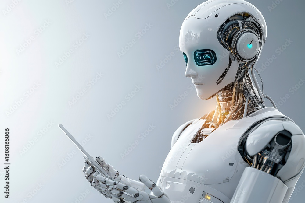 Poster futuristic humanoid robot interacting with smartphone in modern digital environment