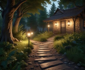 Obraz premium Lantern-lit pathway leading to a secluded woodland cottage, woodland clearing, serenity