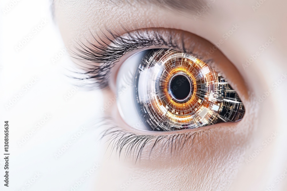 Poster Close-Up View of an Eye with Futuristic Tech Elements and Digital Patterns Reflected in Cornea