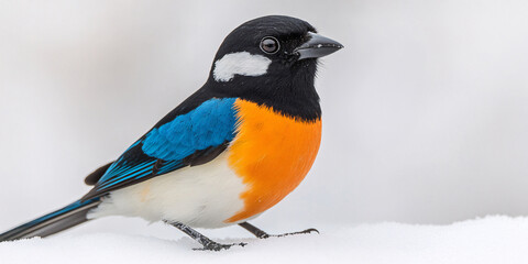 Obraz premium A vivid bird with blue and orange plumage rests gracefully on a snowy ground.