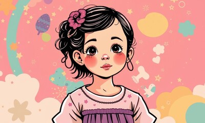 Charming Illustration of a Young Girl with Floral Hair Accessory in a Whimsical Fantasy Background of Stars and Clouds with Playful Pastels