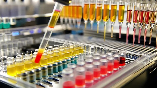 Medium Closeup of HighThroughput Screening Setup A wellorganized array of automated liquid handling systems is featured with various colored liquid reagents being dispensed into numerous