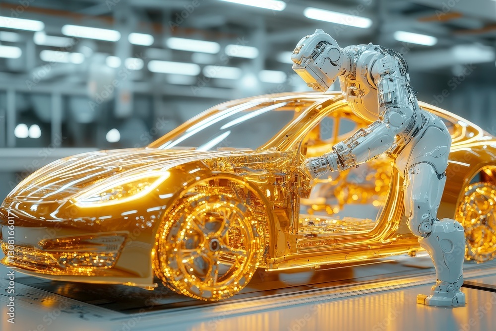 Aufkleber robot mechanic working on a high-tech golden car in a futuristic workshop environment
