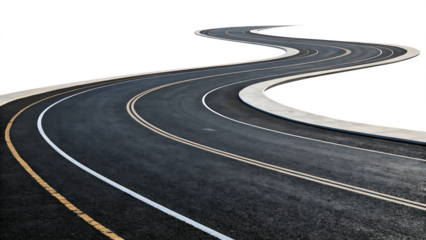 Curved Asphalt Road with Yellow Lines – Isolated on White Background as Transparent. PNG. AI GENERATED