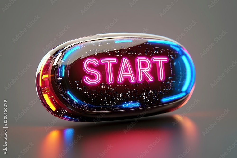 Poster neon start button on dark background with glossy finish and futuristic design elements