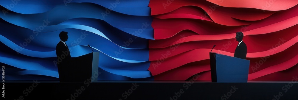 Poster two figures engage in a passionate political debate amid bold layered paper art backdrop generative 