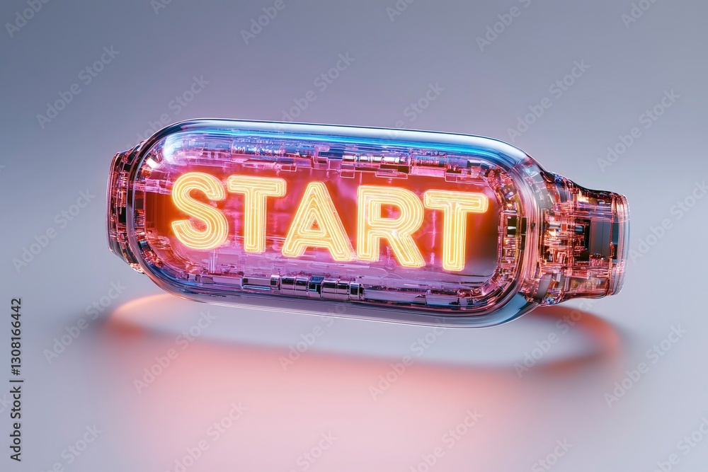 Poster illuminated neon start button in futuristic style with glowing effect on reflective surface