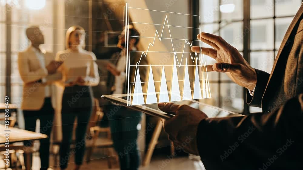 Poster a business analyst uses hand gestures to manipulate a floating hologram of a sales chart with vibran