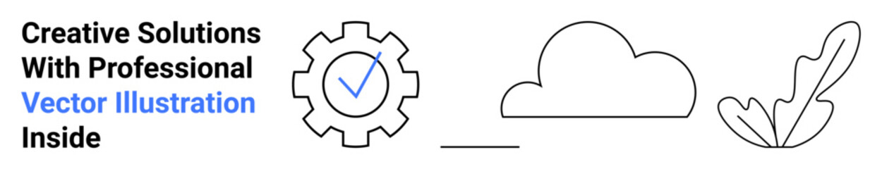 Gear with checkmark, cloud outline, and leaf illustration conveying technology, innovation, nature, and eco-friendliness. Ideal for tech services, cloud computing, creative solutions sustainability