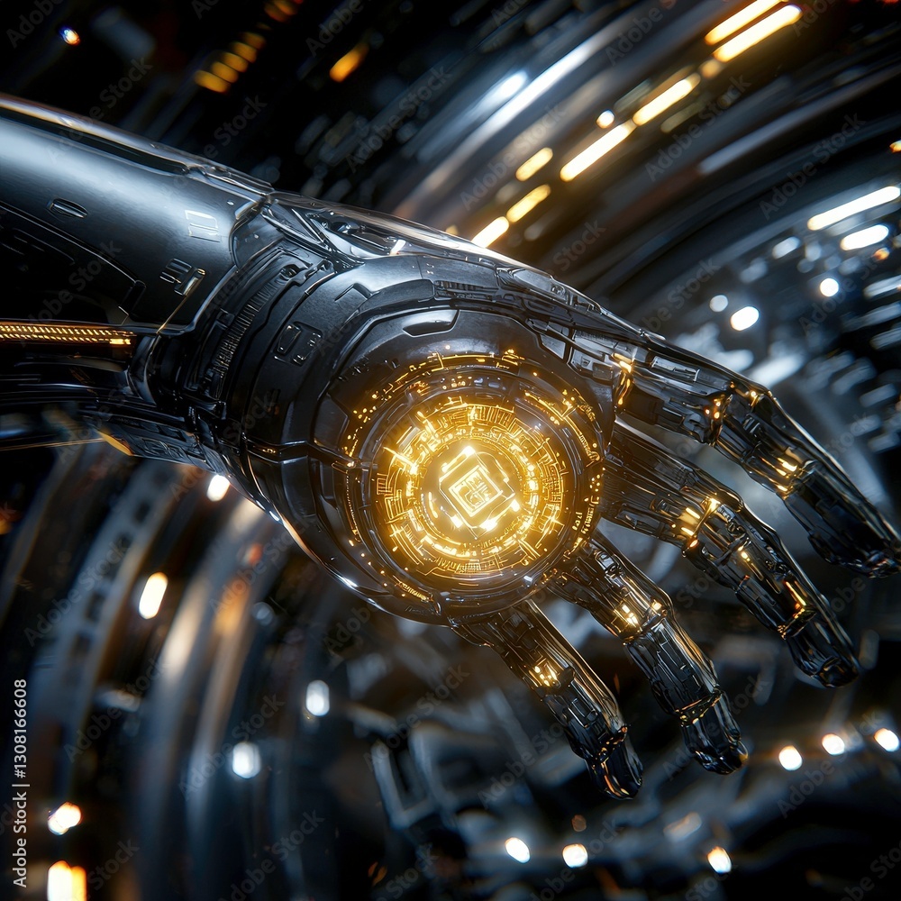 Poster close up shot of robotic hand with glowing circuits, showcasing advanced technology and intricate de