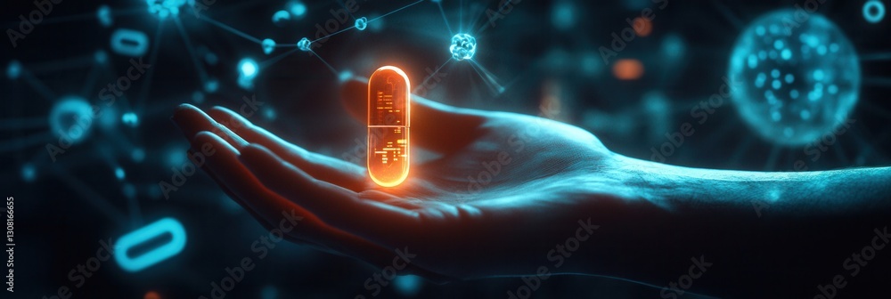 Aufkleber glowing capsule held in hand amidst futuristic medical holograms and cyberpunk lighting in a dark se