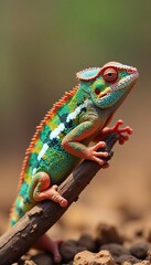 Obraz premium Chameleon camouflaged on dry twigs, arid landscape, texture, brown, reptile