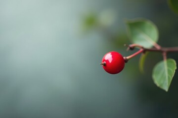 A Single Vibrant Red Berry Hanging from a Branch with Lush Green Leaves Against a Soft, Blurred Background