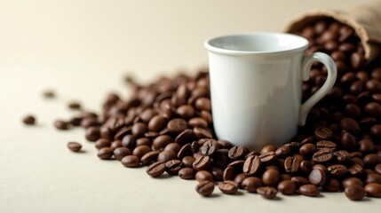 Aromatic coffee beans spill from a burlap sack, beside a pristine white espresso cup, ready for a perfect brew.