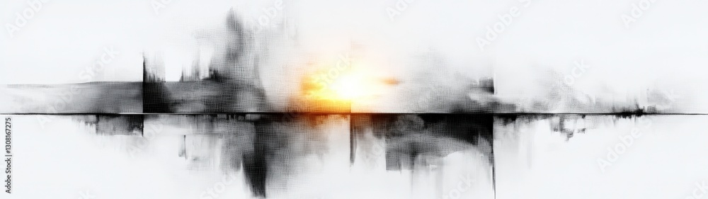 Aufkleber digital art piece depicting network of interconnected elements with bright horizon. artwork evokes s