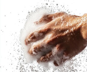 Fototapeta premium hand vigorously scrubbing with soap, creating bubbles and splashes
