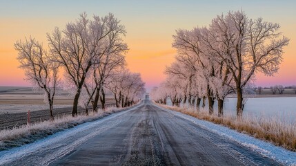 Obraz premium A quiet winter road lined with frost-covered trees, illuminated by the warm colors of sunset