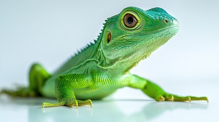 Fototapeta premium A vibrant green lizard lounges gracefully on a pristine white backdrop, its head subtly cocked and eyes full of curiosity, embodying a moment of serene stillness