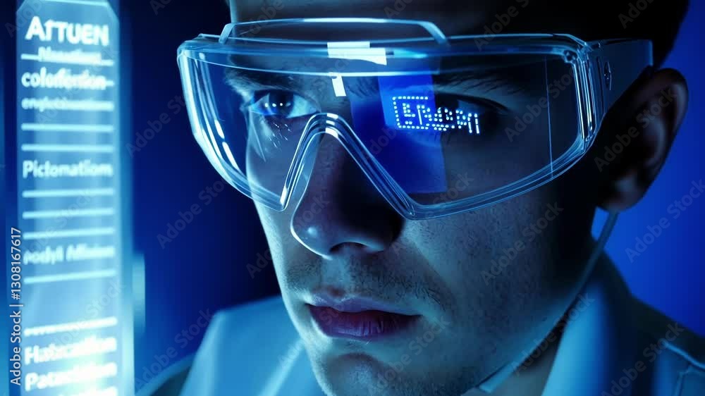 Poster close up of a scientist wearing protective goggles, focusing on a digital display with blue light. t