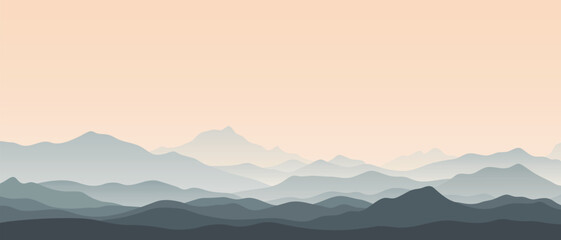 Minimalistic mountain landscape, morning light, vector illustration, panoramic view