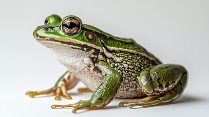 Obraz premium Perched with poised elegance, a verdant frog gazes rightward on a pristine white backdrop, its body subtly tilted to the left. 