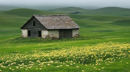 Fototapeta premium An Old Rustic Barn Sitting Among Green Rolling Hills
