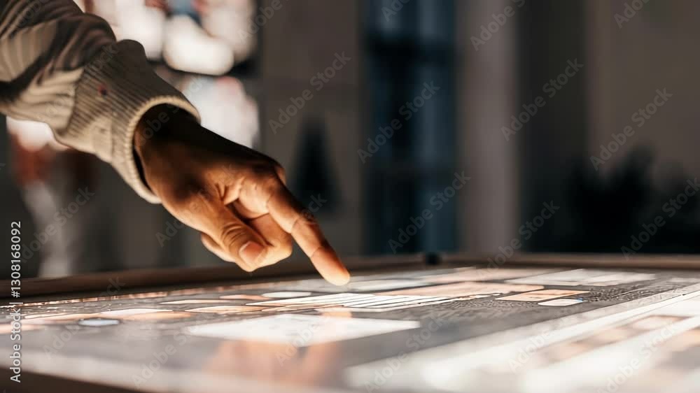 Poster a closeup of a hand reaching towards a holographic display illuminating a specific market segment in