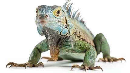 Obraz premium Vivid close-up of a green iguana's head and neck, azure scales shimmer as it gazes rightward, capturing intricate textures in natural hues