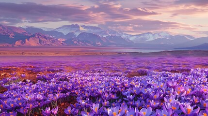 Vibrant Meadow of Crocuses Under a Colorful Sky in Early Spring Mountain Landscape