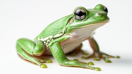 Fototapeta premium Light green tree frog faces right, tilting its head left; close-up reveals intricate details on its luminous skin and vibrant eyes, capturing nature's subtle elegance. (200 characters)