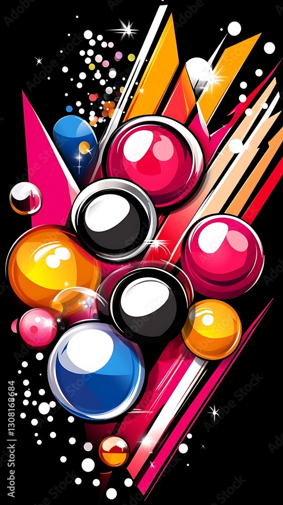 Poster abstract dynamic composition with spheres, triangles and stripes