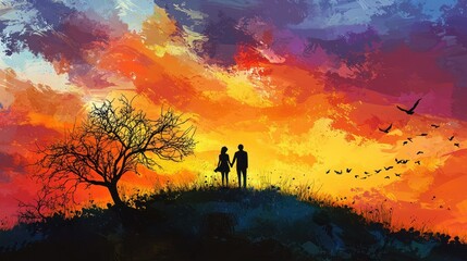 Fototapeta premium A romantic silhouette of a couple standing on a hill, with the sunset painting the sky in warm colors.