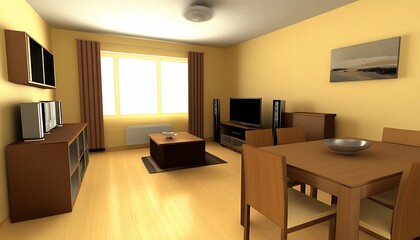 Bright Modern Living Room and Dining Room Interior with Brown Furniture