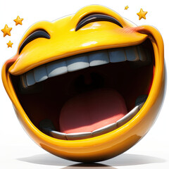 Joyful emoji with big smile and sparkling stars around it