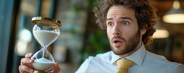 Shocked businessman looking at hourglass symbolizing deadline pressure