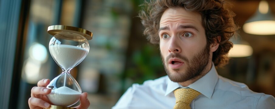 Shocked businessman looking at hourglass symbolizing deadline pressure