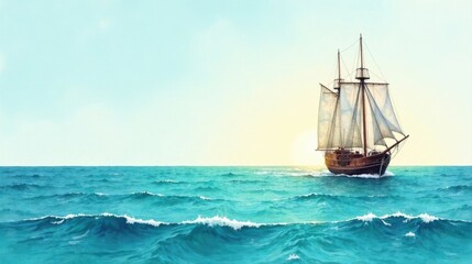 A Majestic Sailing Vessel Navigates the Azure Ocean Under a Serene Sky
