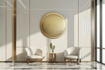 High Resolution of 3D Gold Wall Logo Mockup in the Modern Office Lobby Waiting Room