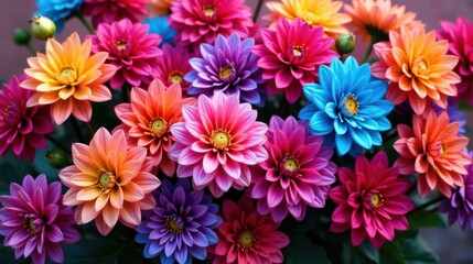 Vibrant Rainbow of Dahlia Blooms in Full Blossom, a Stunning Display of Nature's Colorful Palette