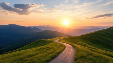 Winding road on mountain ridge at sunset. Scenic view of rolling hills, vibrant sky, and sun rays.