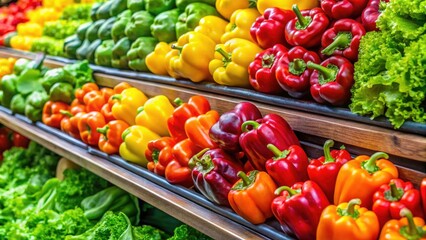 Vibrant Produce: Colorful Peppers & Lettuce Supermarket Shelf Photography